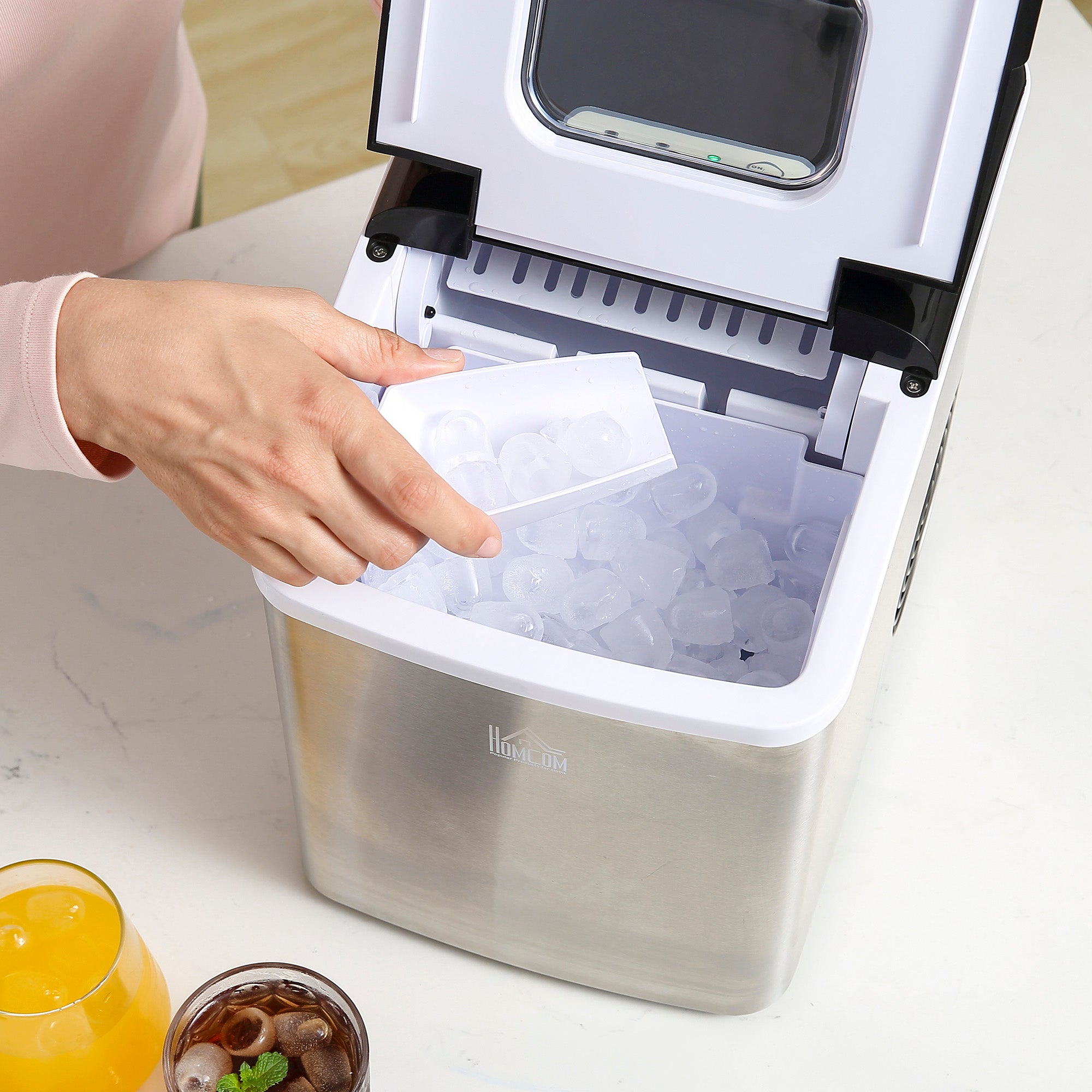 HOMCOM Ice Maker Machine Countertop, 9 Ice Cubes in 8 Mins, 12KG in 24Hrs, Self-Cleaning Portable Ice Cube Maker with Ice Scoop and Basket, Stainless Steel, No Plumbing Required, Black